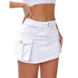 Mancreda Women Denim Cargo Skirt Mini Low Waist Button Bodycon Y2K Flap Pockets Skirts(WH,S)