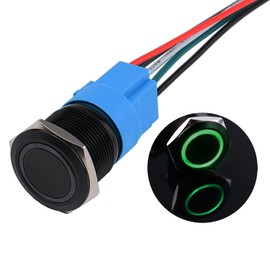 JIQI 22 mm Pressure Switch 12 V to 24 V 5 A Waterproof Latch Switch Made of Aluminium Alloy IP66 1NO1NC Pre-Wired Locking Black Push Button with LED Light for Motorcycle Boat Truck RV (Green)