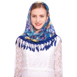 PAMOR Mass Veil Triangle Mantilla Cathedral Head Covering Chapel Veil Lace Shawl Latin Scarf (Blue 2)