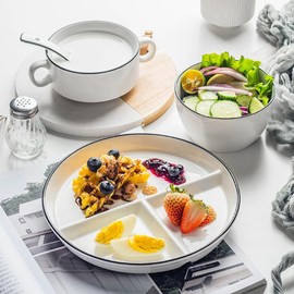 UPKOCH Ceramics Divided Dinner Plate 3 Compartment Dessert Salad Plate Portion Control Plates for Adults and Kids 8 Inch White
