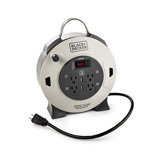Black + Decker Retractable Extension Cord, 25 ft, 4 Outlets,