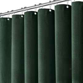 Dynamene Dark Green Fabric Shower Curtain - Waffle Weave Textured Heavy Duty Cloth Shower Curtains for Bathroom, 256GSM Hotel Luxury Weighted Bath Curtain Set with 12 Hooks,72x72, Dark Green