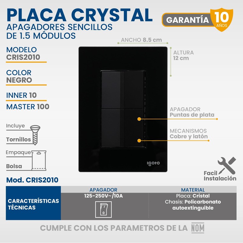 Placa Armada Cristal con 2 Apagadores Sencillos de 1.5 Módulos
