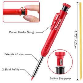 Mechanical Carpenter Pencil Set, 3 Pcs Woodworking Pencil with Built in Sharpener and 12 Pcs Refills, 3 Pcs Long Nose Deep Hole Marker Pen, Scriber Marking Tools for Architect (Red, Black, Yellow)