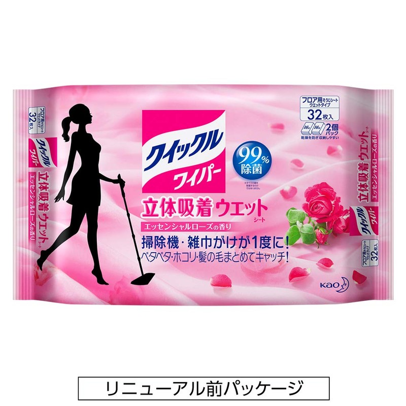 【大容量】クイックルワイパー フロア用掃除道具 立体吸着ウエットシート ローズの香り 32枚