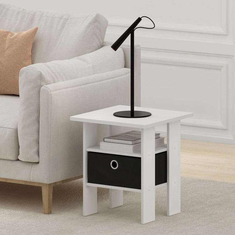 Furinno Andrey End Table Nightstand with Bin Drawer, White/Black