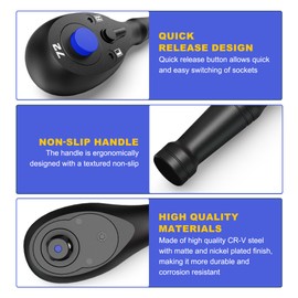 KIRXST 1/4" Drive Ratchet, 72 Teeth Ratchet Handle, Quick Release Reversible Ratchet Wrench for Bike Repair, 90 mm