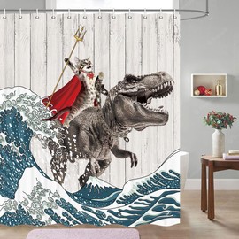 Funny Cat Shower Curtain, Cool Cat Dinosaur Japanese Ocean Wave Shower Curtain, Cat Riding Dinosaur Fun Shower Curtain Nautical Kids Children Rustic Wooden Farmhouse Shower Curtain, 72X75inch, Brown