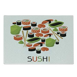 Ambesonne Sushi Cutting Board, Figures of Teapot Tobiko Roll Wasabi and Soy Sauce Arranged in Heart Shape Artwork, Decorative Tempered Glass Cutting and Serving Board, Small Size, Multicolor