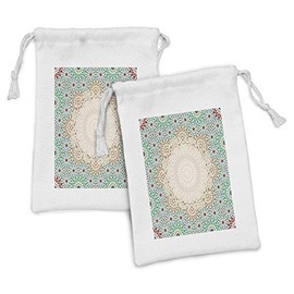 Ambesonne Moroccan Fabric Pouch Set of 2, Ottoman Mosaic Art Pattern Oriental Floral Forms Antique Scroll Ceramic Boho, Small Drawstring Bag for Toiletries Masks and Favors, 9" x 6", Multicolor
