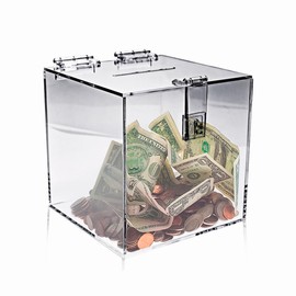 CAJA DE ACRILICO CRISTAL 100% CON RANURA Y PORTA CANDADO, DONACION, ALCANCIA, 15X15X15CM