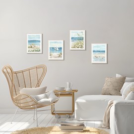 Bedroom Framed Beach Wall Art: Modern Living Room Blue Ocean Scene Picture 4 Piece Bathroom Tropical Coastal Landscape Artwork Vertical Relaxing Seascape Sailboat Painting Sea Print for Home