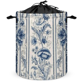Collapsible Laundry Baskets with Drawstring,Blue Drawing Printed Laundry Hamper Portable Round Dirty Clothes Hamper Waterproof Oxford Cloth Laundry Bag for Dorm,Family,Nursery