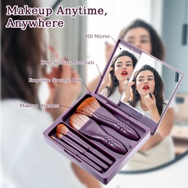 JIEYAO 5 Pcs Travel Makeup Brush Set, Mini Cosmetic Brushes Kit with Hard Case and Built-in Mirror, On the Go Make Up Brush Complete Function Cosmetic Brushes Travel Essentials kits for Women(Purple)