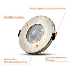 HiBay Set of 4 LED Recessed Spotlights IP44 Bathroom GU10 Ceiling Spotlights 68 mm Brushed Stainless Steel LED Spotlights 230 V Includes 5 W Warm White Bulb