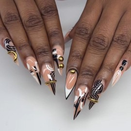 Handmade Press on Nails Long Almond Fake Nails with 3D Gold Rhinestone Lines Design Black White Striepd Stick on Nails Curve False Nails Glossy Summer Glue on Nails for Women Girls Manicure 24Pcs
