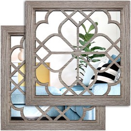 Wocred Set of 2 Farmhouse Square True Mirrors,Vintage Style Barn Wood Wall Decor, Accent Mirrors for Bathroom Renovation,Bedrooms,Living Rooms (12”x12”)