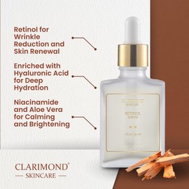 CLARIMOND Retinol Serum with a Touch of Santal Wood Scent, Enriched with Hyaluronic Acid for Deep Hydration, with Niacinamide and Aloe Vera for Calming and Brightening, Wrinkle Reduction.