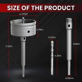 CSOOM Concrete Hole Saw 4-1/2" (115mm) with 220mm SDS Plus Shank Connecting Rod, Carbide Cement Hole Saw for Concrete Cement, Brick Wall Stone
