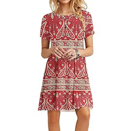MOLERANI Women's Casual Plain Simple T-Shirt Loose Dress(Boho Floral Red,XS)