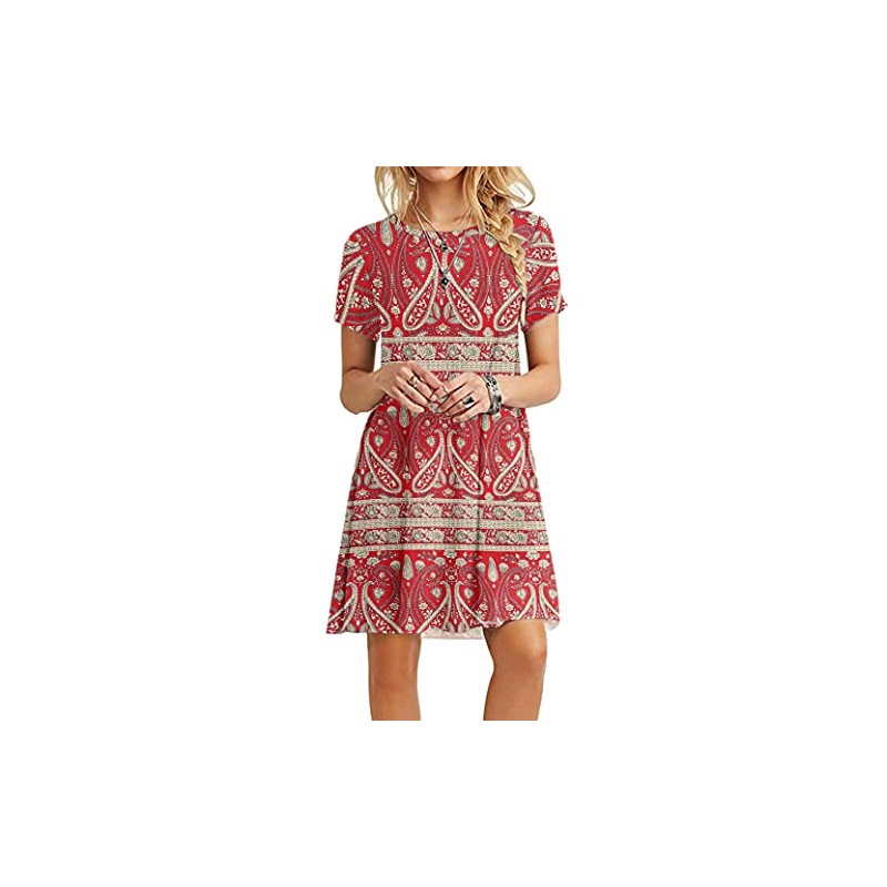 MOLERANI Women's Casual Plain Simple T-Shirt Loose Dress(Boho Floral Red,XS)