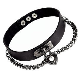 P-Rize Heart & Chain Leather Choker Women's Men's Black Punk Mine System Illness V Series Visual Gothic Harajuku Cosplay Costume, Metal, Cubic Zirconia