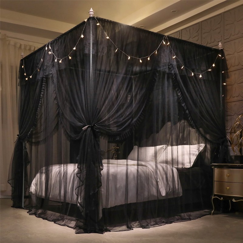 VETHIN 4 Corners Post Ruffle Princess Bed Canopy Curtain-Double Layer