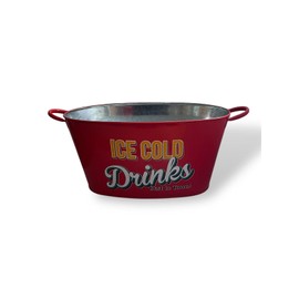 Retro Large Ice Cold Drinks Metal Bucket, Oval Party Beverage Tub with Handles, Available in Yellow, Red, Green, Natural Colors. (RED)