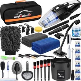 AUTODECO 41Pcs Car Cleaning Wash Kit Interior Detailing Cleaner Kit with High Power Handheld Vacuum, Collapsible Bucket, Windshield Tool, Snow Shovel, Tire Brush, Complete Car Care Tools, Black