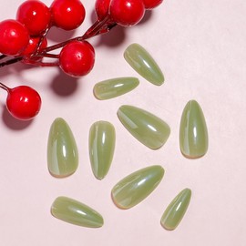 24PCS Press On Nails, Mirror Metal Stiletto Fake Nails, Almond Medium Shape, Stick on Nails, Glue on Nails (Aurora Green)
