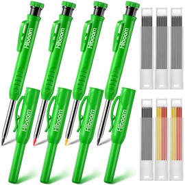 Hiboom 4 Pack Carpenter Pencils Set with 24 Refills, 2.8 mm Mechanical Carpenter Pencil Built in Sharpener Woodworking Marking Tool Solid Long Nosed Deep Hole Construction Pencil (Green)
