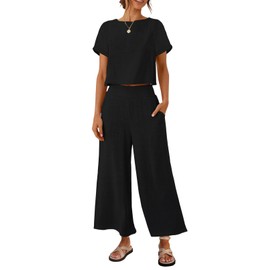 ZESICA Women's 2 Piece Outfits Linen Short Sleeve Crop Top and Wide Leg Pants Lounge Matching Set Tracksuits Trendy Clothes,Black,Medium