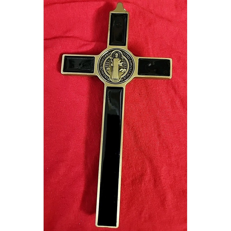 SAINT BENEDICT BLACK Enamel metal Golden Color Wall Cross Saint