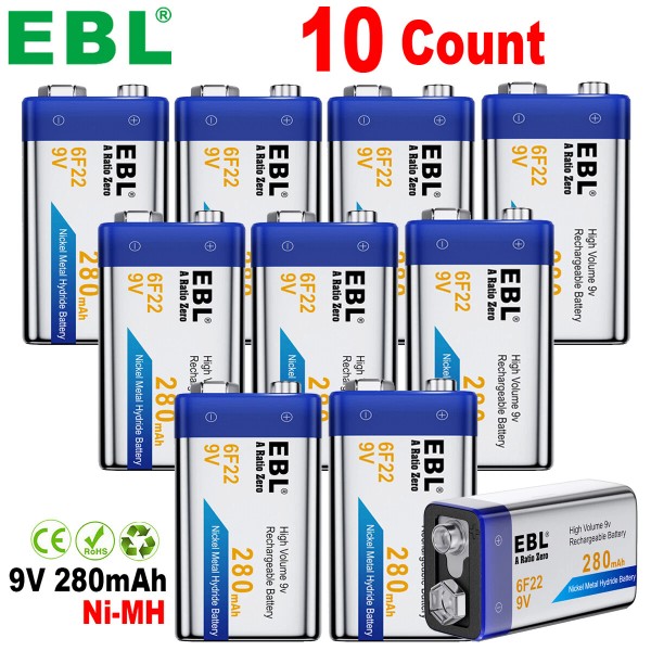 EBL 10x EBL 280mAh 9 Volt 9V 6F22 Ni-MH Nickel