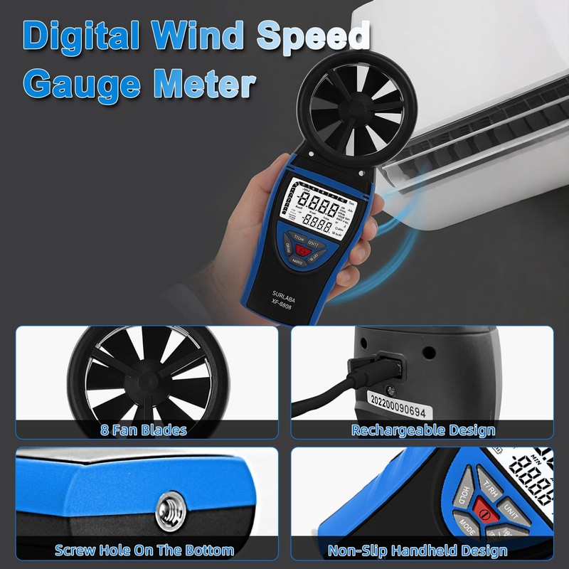 SURLABA Anemometer Handheld, Digital Wind Speed Meter with Temperature &