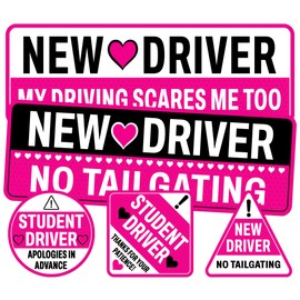 BETANAS Student New Driver Sticker Pack 5 Pieces Vinyl Waterproof UV Printed, 2 Large 3 Small Funny Car Stickers for Girl Men Women Gift Birthday Decals Sign for Cars Windows