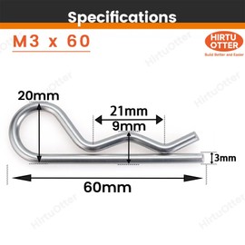 12 pcs M3 x 60 Heavy Duty 304 Stainless Steel Cotter Pins & R Clips, Spring Retaining Wire Hair Pins for Trailer, Tractors, Mower Carts, Lock Systems with Strong Spring Tension Keeper
