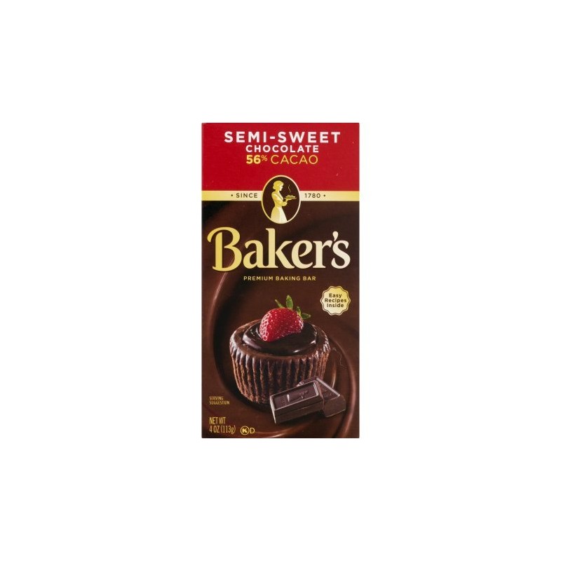 Baker's Baking Chocolate Bar 56% Cacao Semi-Sweet, 4 Oz (Pack