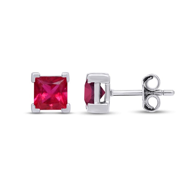 3mm Princess Cut Simulated Ruby Stud Earrings in 14k White