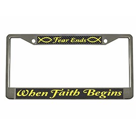 Christian License Plate Frame Fear Ends When Faith Begins Christian Gifts for Women Novelty License Plate Frame (Chrome/Carbon/Yellow)