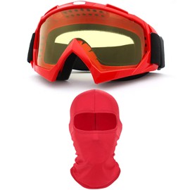 immoono Motorcycle Goggles with Face Mask, Dirt Bike Goggles Windproof Dustproof Racing Goggles Ski Goggles Protective Safety Glasses with Balaclava, Red Frame Amber Lenses
