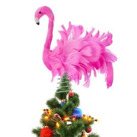 Pink Flamingo Christmas Tree Topper, Fluffy Feather Flamingo Tree Topper, Tropical Summer Tree Ornaments Christmas Tree Decor for Holiday Xmas Party Home (Pink, One Size)