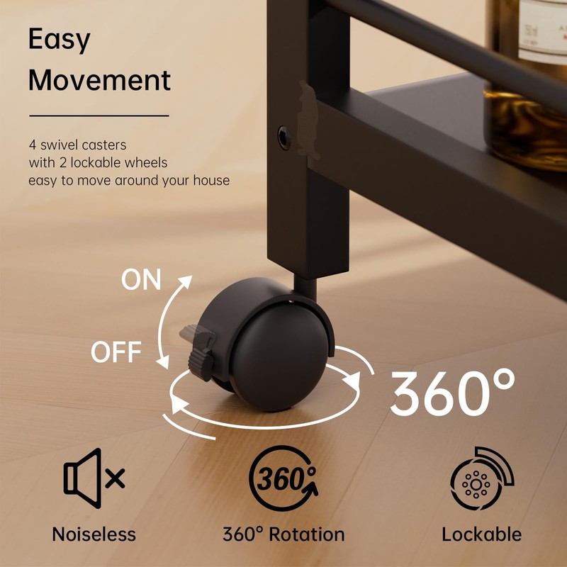HITNET Bar Cart Black, Serving Cart for Home, 3 Tier