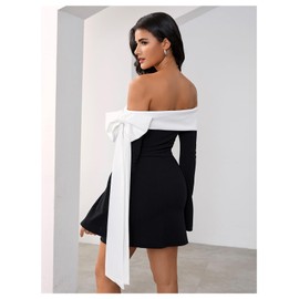 MakeMeChic Women's Off The Shoulder Bell Sleeve Mini Dress Bowknot Cocktail Party Bodycon Dresses Black and White Large