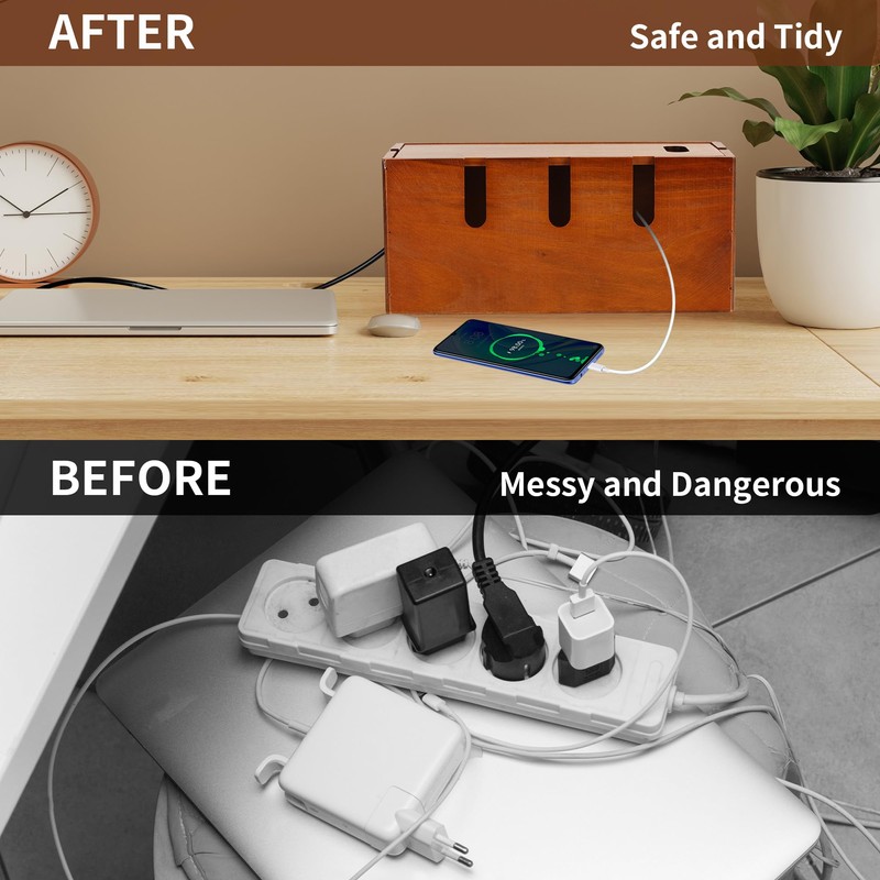 Axincardarm Wooden Cable Management Box Wood Cable Storage Organizer, Desk