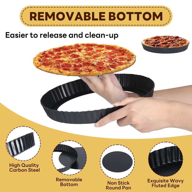 Tart Pan, 2PCS 9 Inch Removable Round Bottom, Carbon Steel