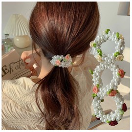 Dishowme 3 Pieces Multicolor Rose Hair Scrunchies Elastic Stretchy Beaded Hair Bands Faux Pearl Ponytail Holder Hair Accessories for Women