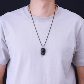COAI Stainless Steel Chain Skull Necklace Black Obsidian Crystal Necklace 50cm