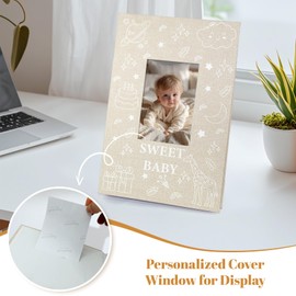 EARLY MINDS Baby Photo Album 10 x 15 300 Pockets with Memo Area & Hand and Footprint Kit, Linen Cover, Slip-in Memory Book with Front Window, Acid Free for Newborn Boys Girls (Beige)