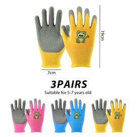 COACOM 3 Pairs Garden Gloves for Children, Non-Slip Protective Gloves, Cute Gloves with Cartoon Frog Pattern, Universal Gloves for Girls and Boys (Yellow, Pink, Blue)